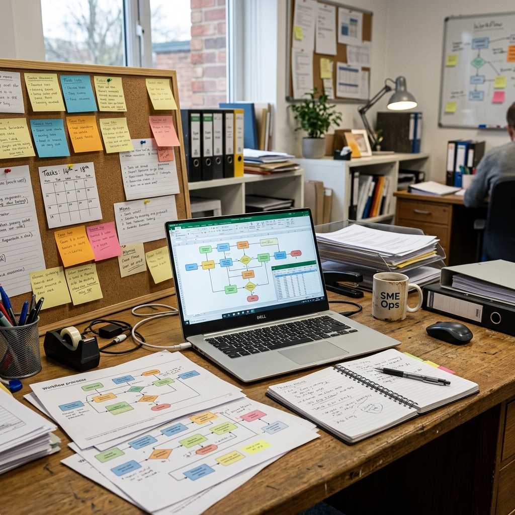 Practical SME operations desk with workflow maps and sticky notes